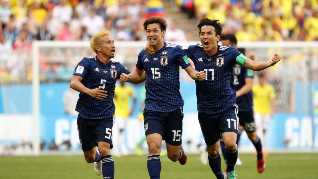 Yuto Nagatomo, Yuya Osako, dan Makoto Hasebe di laga kontra Jepang pada Piala Dunia 2018